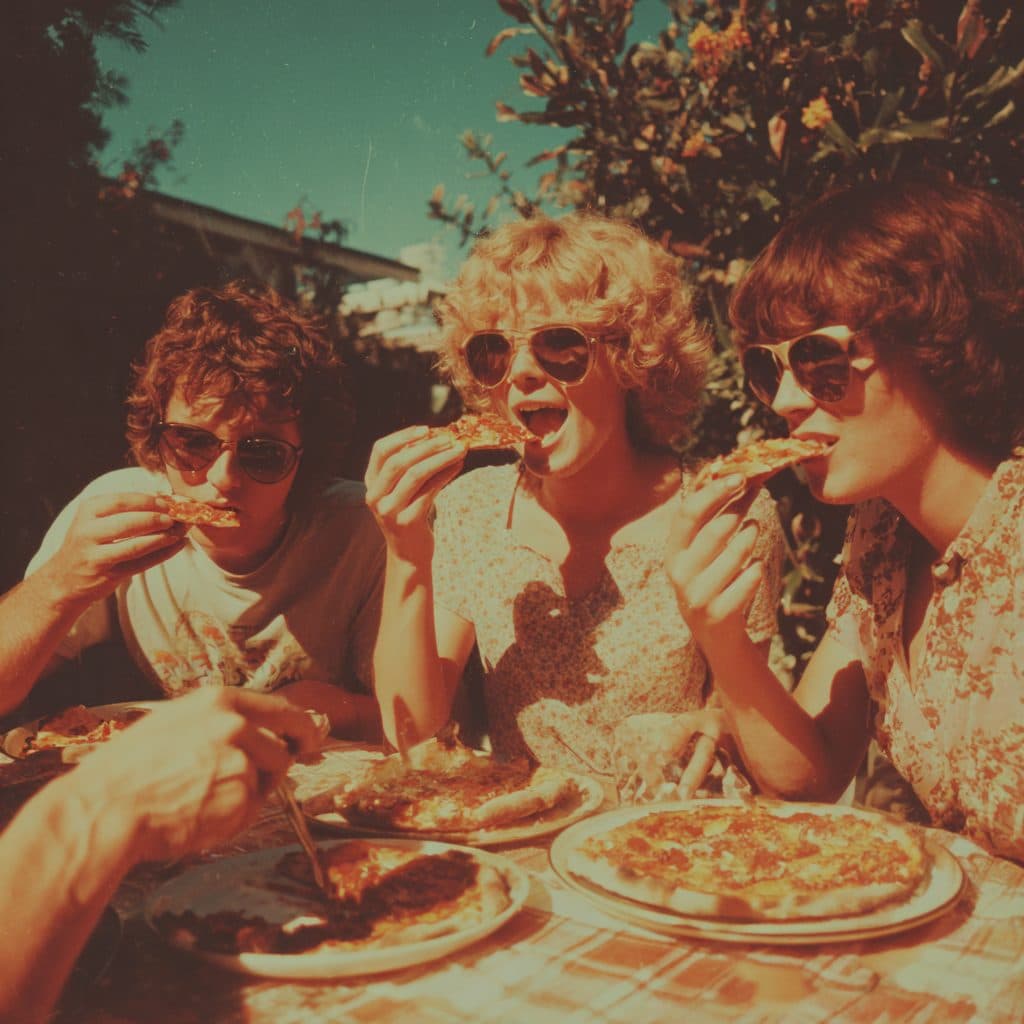 Freunde teilen sich Pizza im Freien – Aufnahme im Stil der 70er Jahre